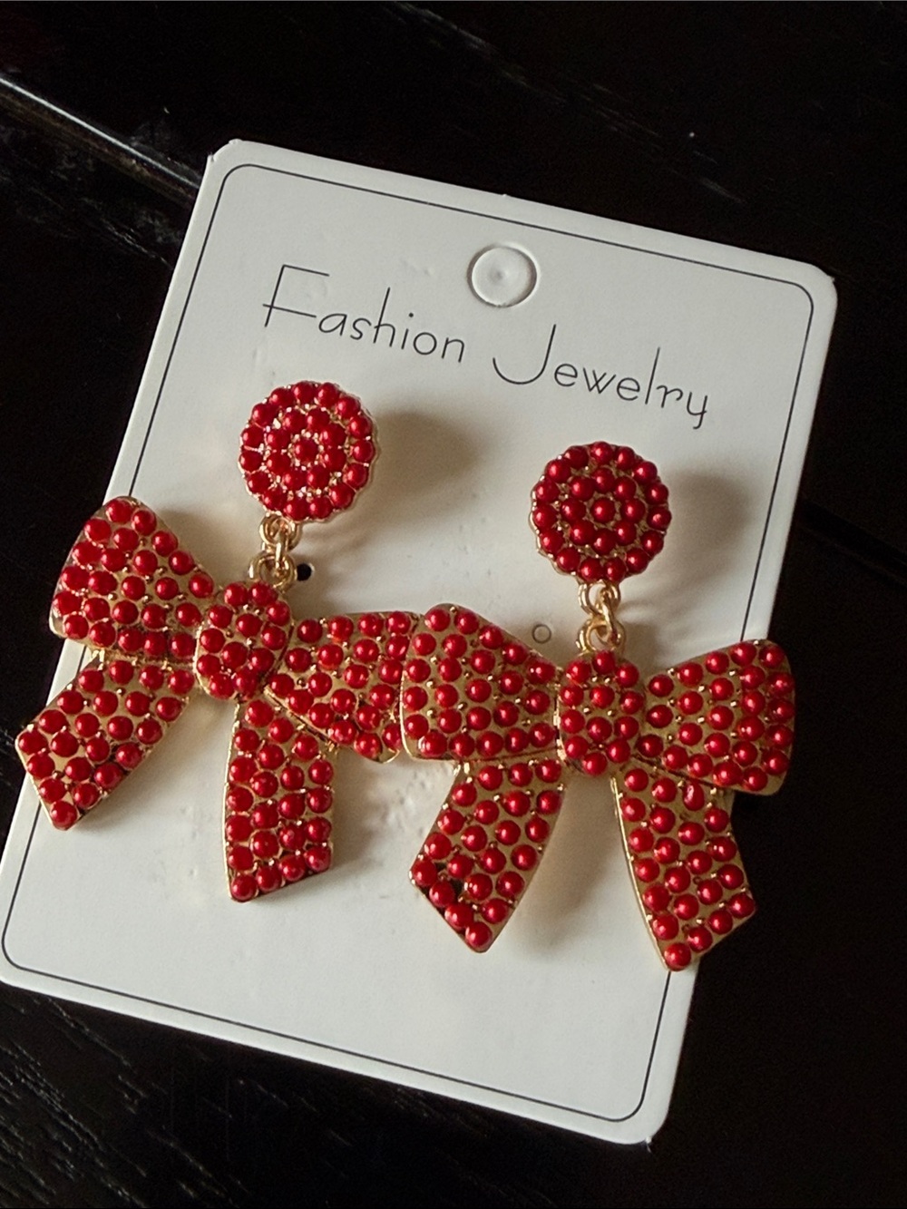 Red Beaded Bow Drop Dangle Earrings-NWT